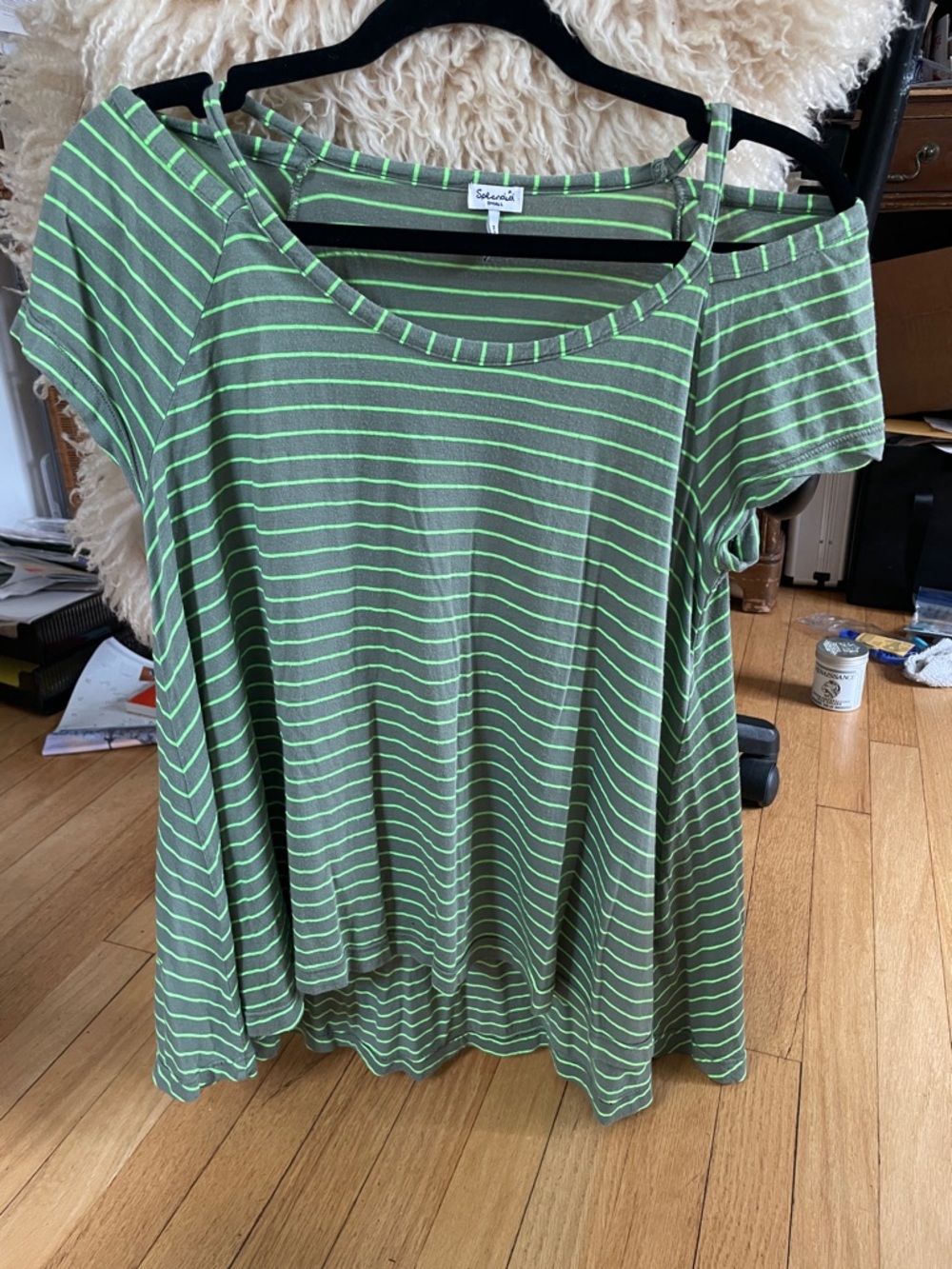 Splendid Olive Green Neon-Striped Cold Shoulder Tee